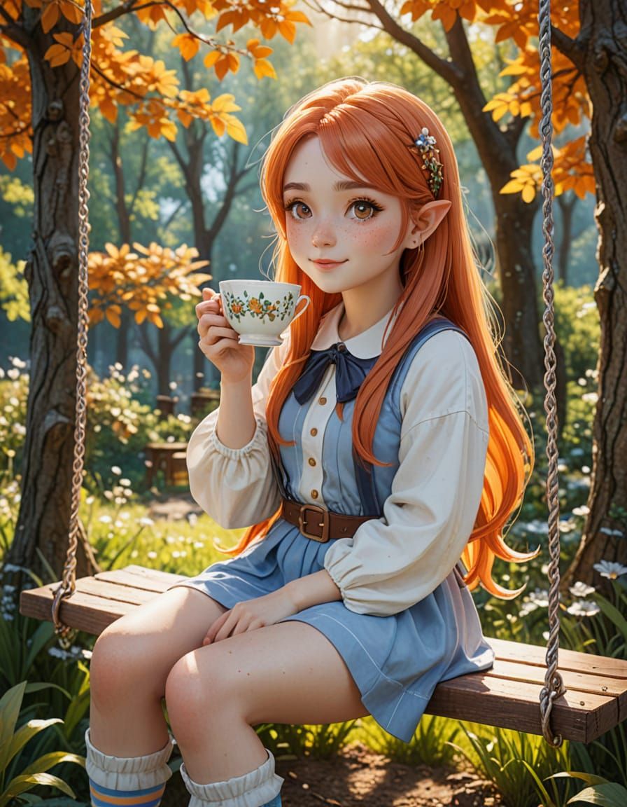 Charming Gnome Girl Sips Tea in Autumn Garden