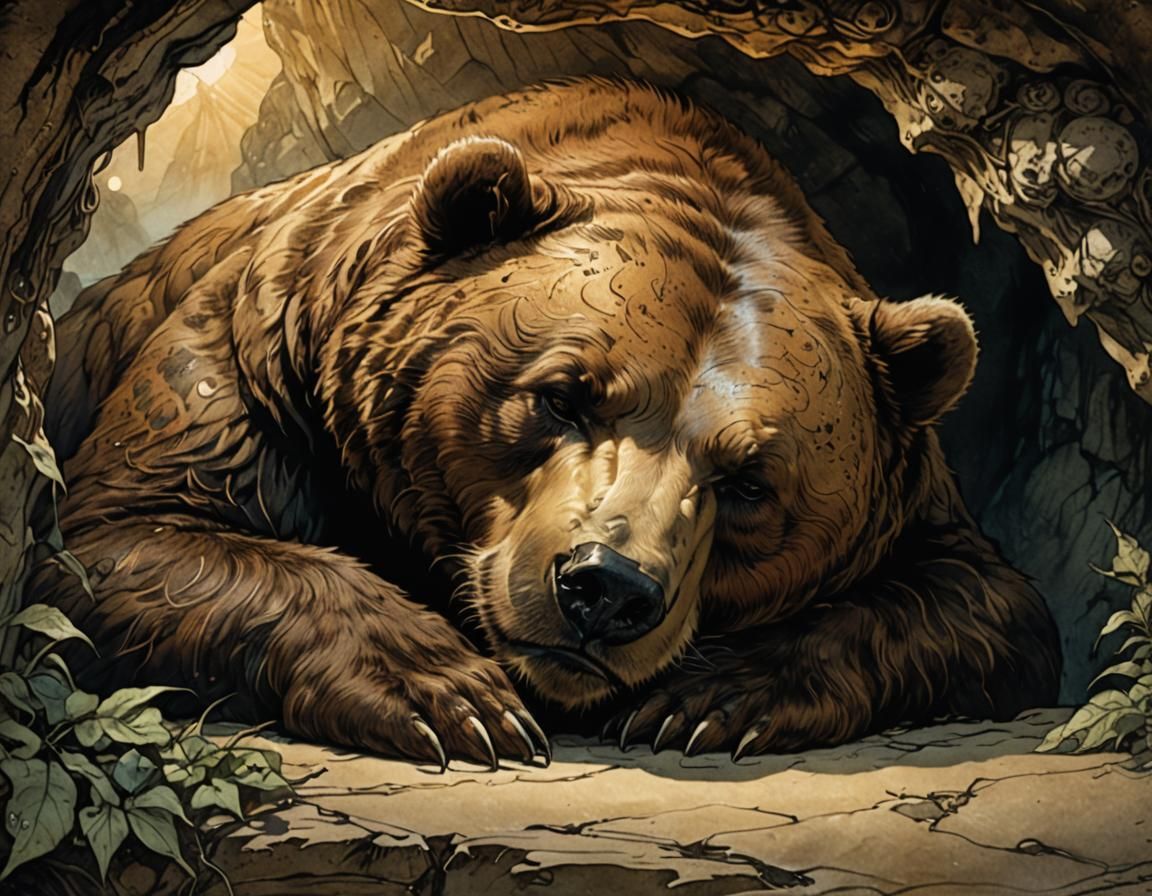 Sleeping Tattooed Brown Bear in Cave, Art Nouveau