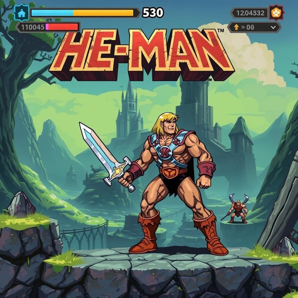 He-Man Video Game Screenshot with Castle Backdrop