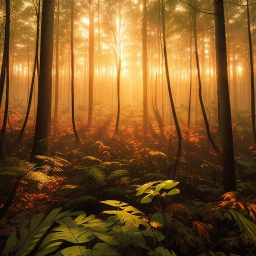 Eerie Sunset in a Misty Forest
