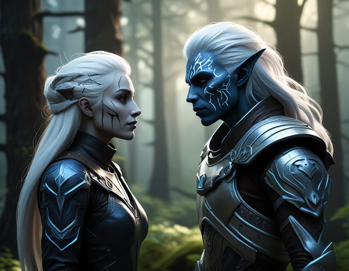 Young Astronaut Encounters Ethereal Drow in Glowing Forest