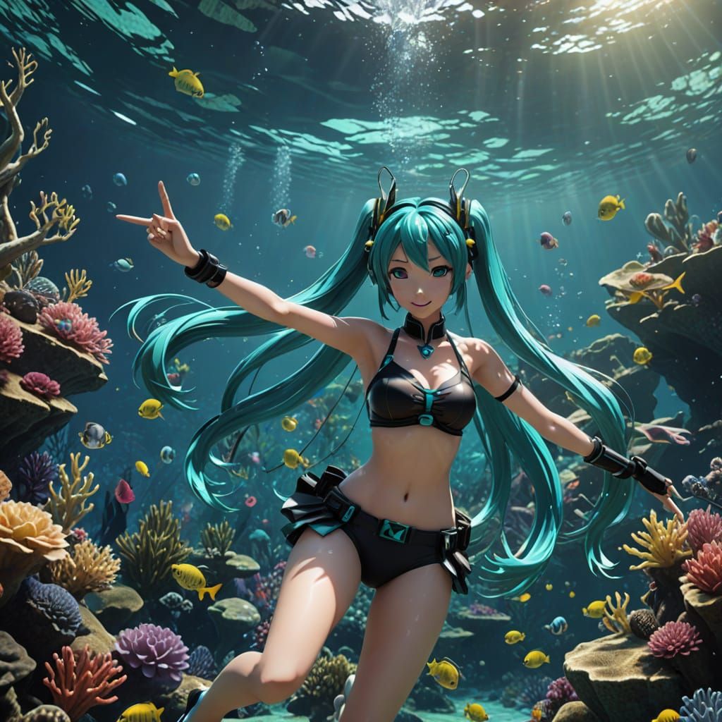 Hatsune Miku Underwater in Bikini Peace Sign