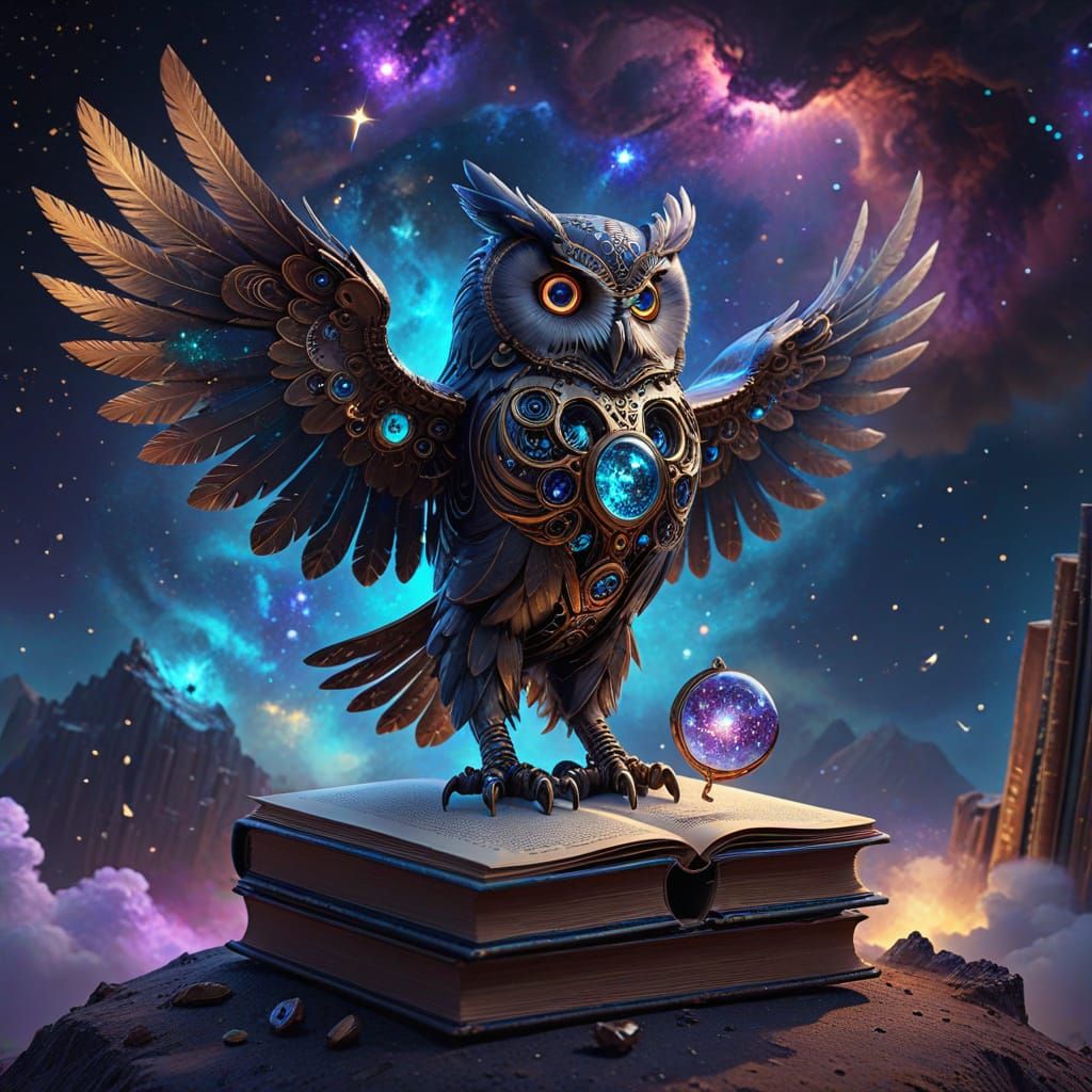 Clockwork Owl on Book Island in Cosmic Nebula