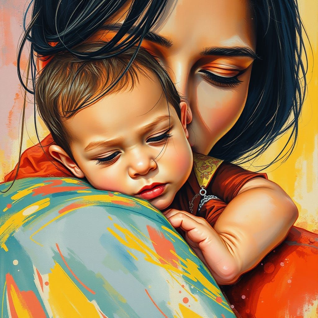 Child's Loving Embrace: Gouache and Watercolor Impression