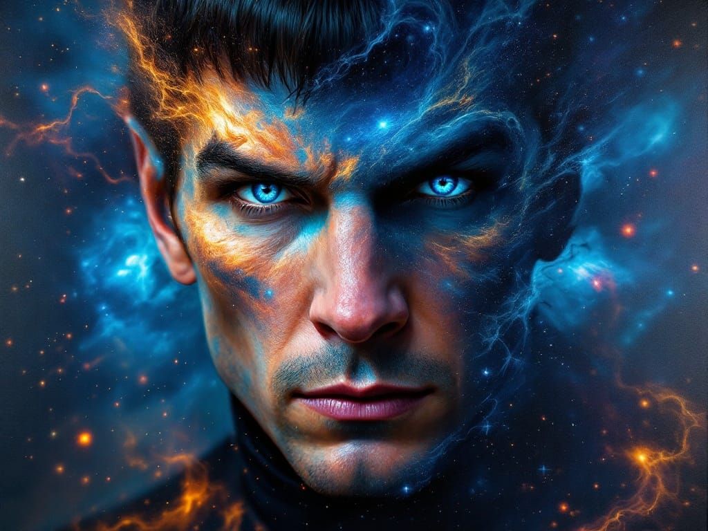 Cosmic Portrait: Man Merging with Galactic Explosion