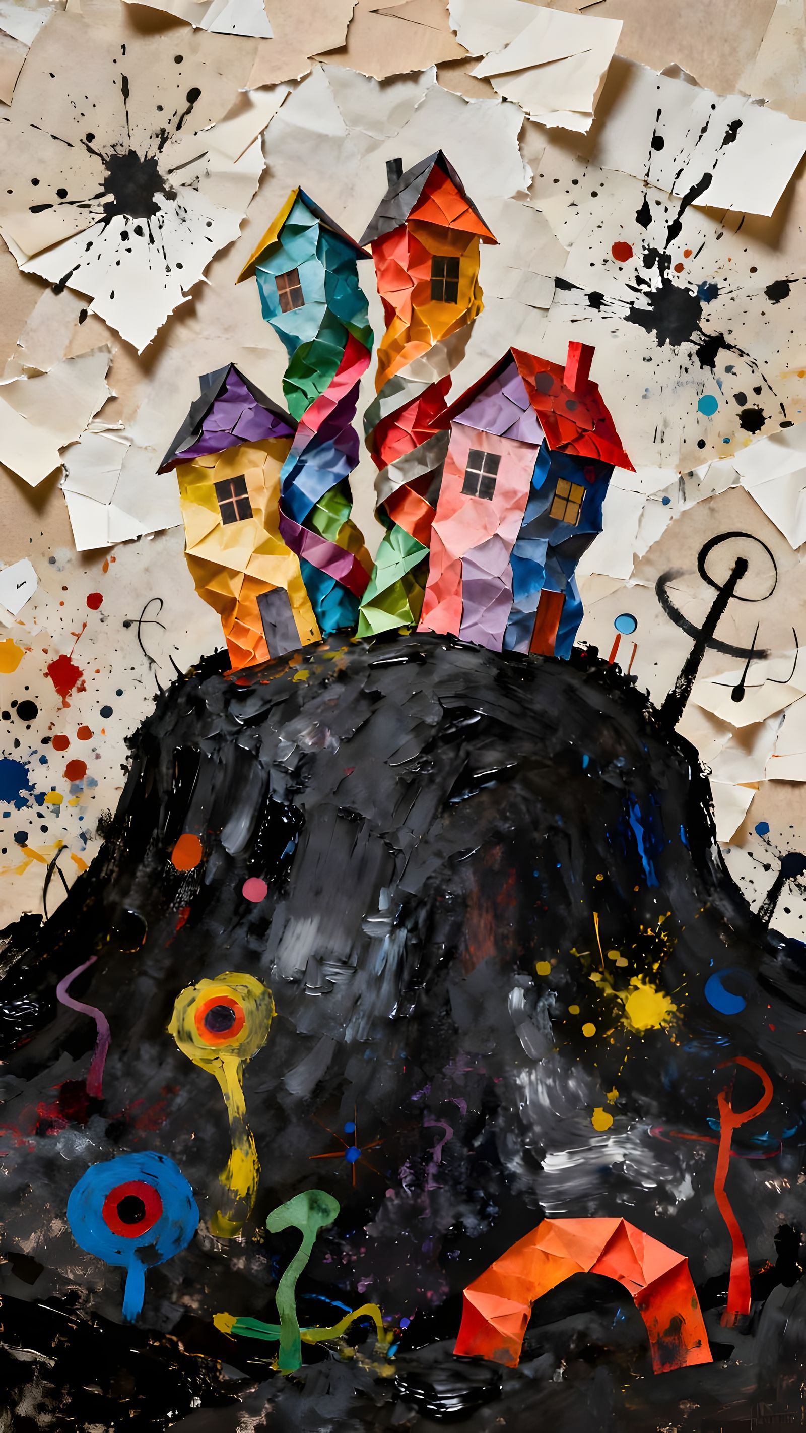 Abstract Paper Houses on Surreal Dark Hill
