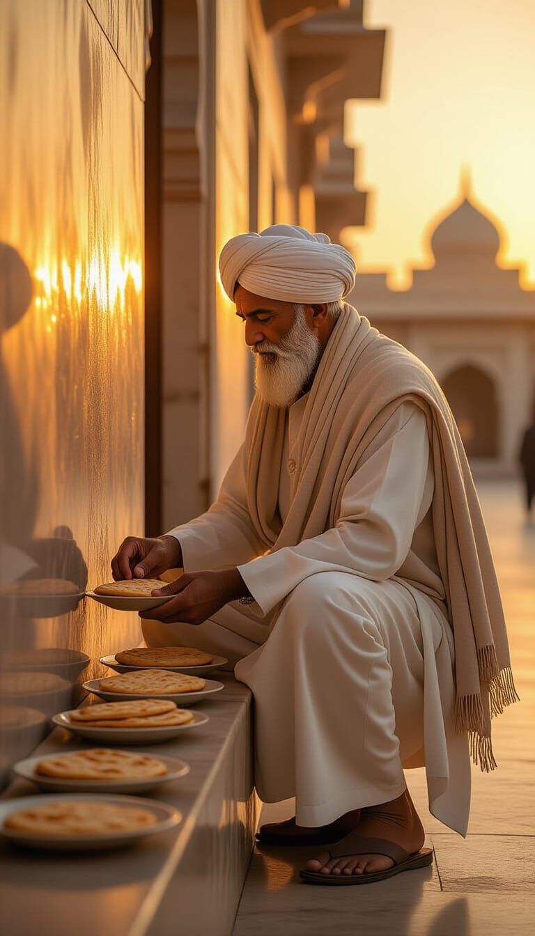 Golden Hour Almsgiving Near Mosque: Cinematic Realism