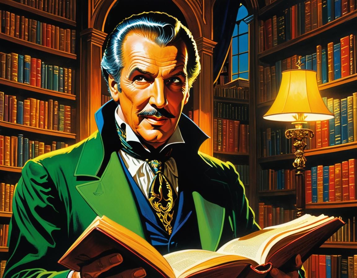 Bookworm in Opulent Library, Comic Book Art