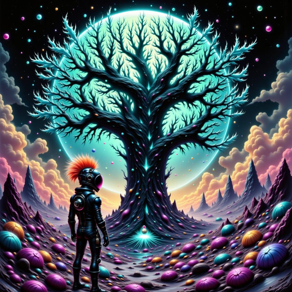 Punk Astronaut on Alien World with Giant Bioluminescent Tree