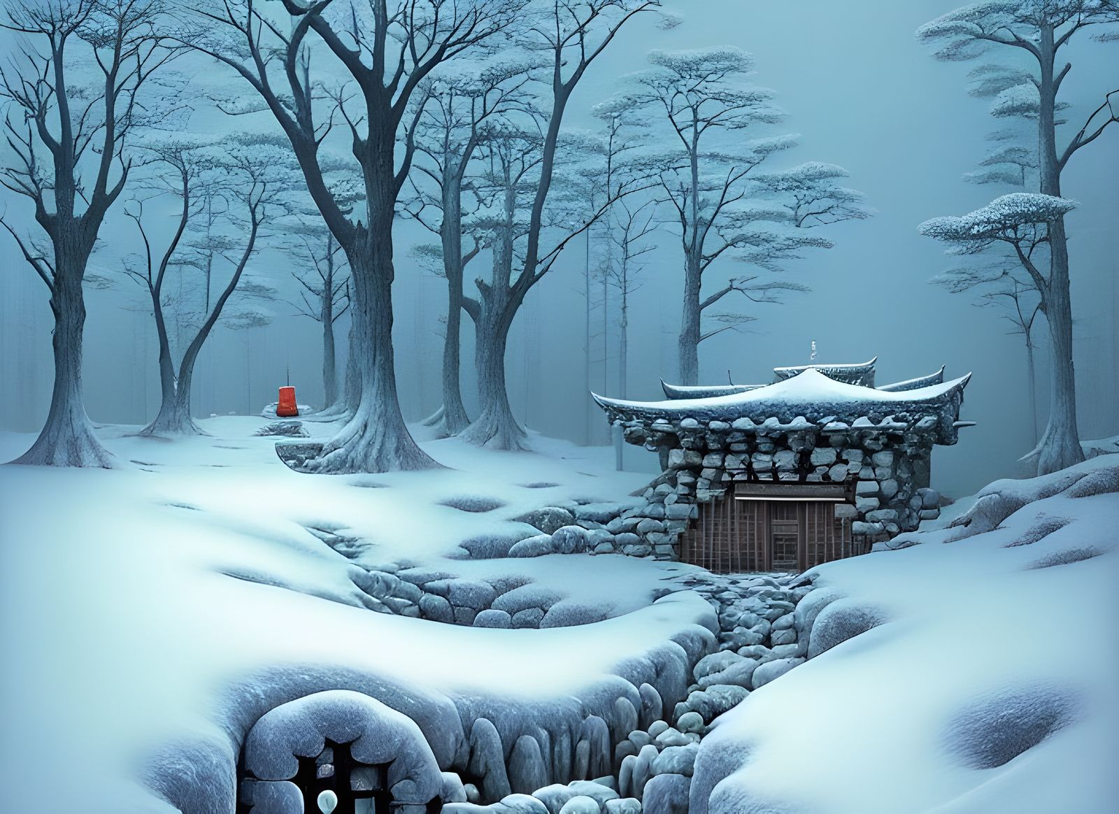 Cozy Winter Fortress Dungeon Entrance in Surreal Style