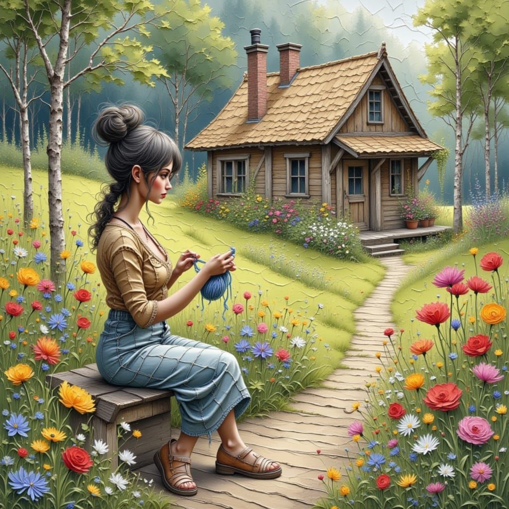 Woman Knitting in Wildflower Garden in Watercolor Style