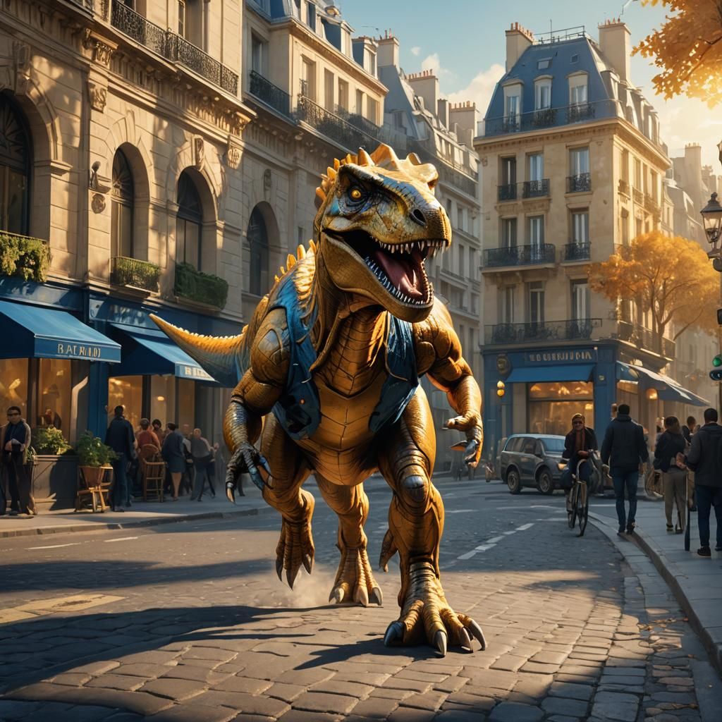 Golden Dinosaur Runs Through Paris: Digital Art