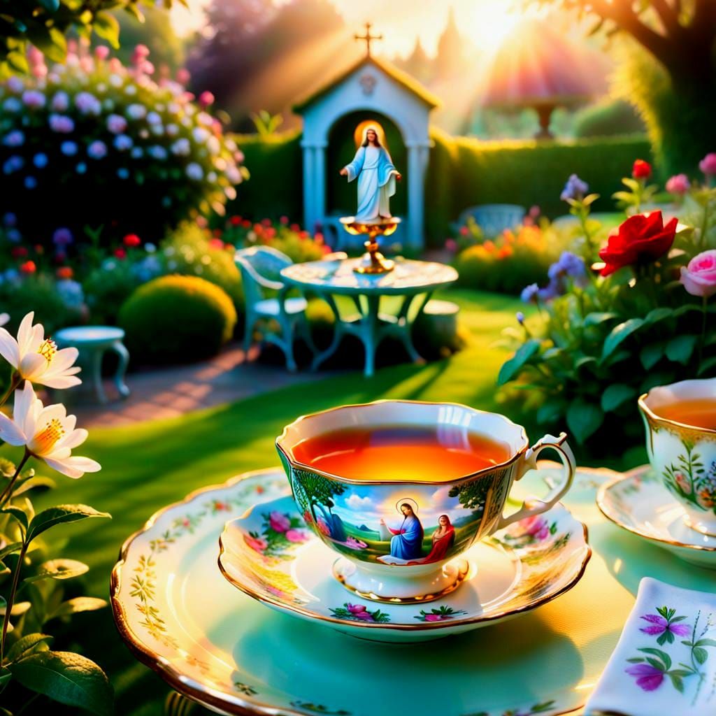 English Garden Tea Party with Biblical Figures