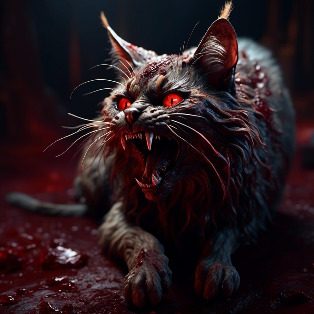Hyperrealistic Zombie Cat with Fangs and Matted Fur