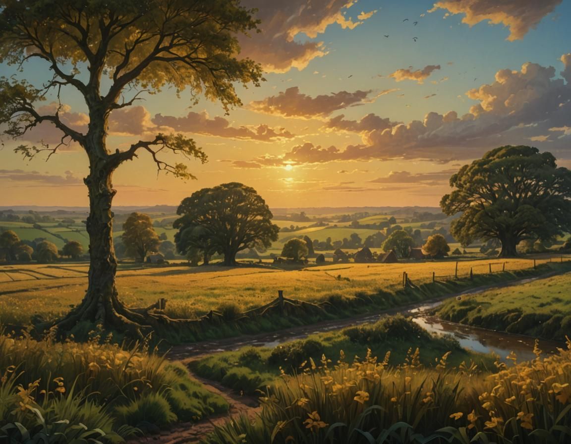 Golden Hour Somerset Fields: Detailed Matte Painting