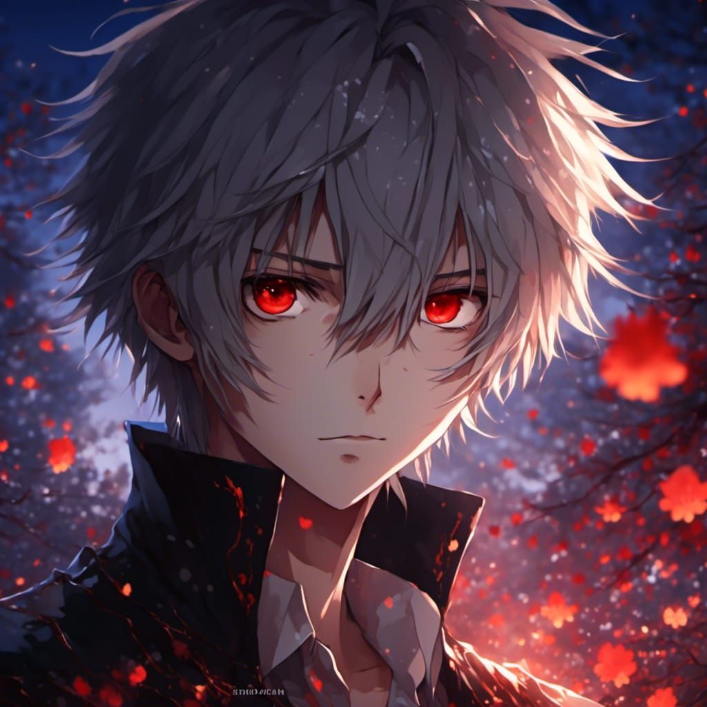 Anime Teen with White Hair and Red Eyes