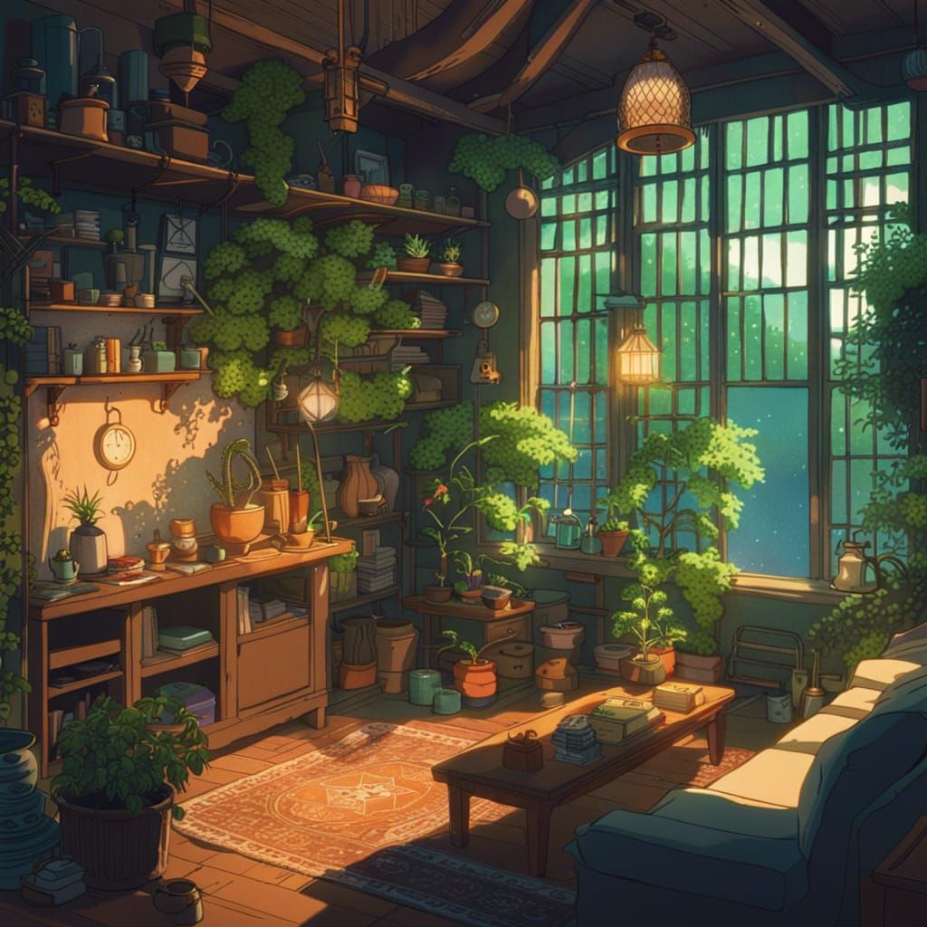Cozy Witch Living Room in Anime Style