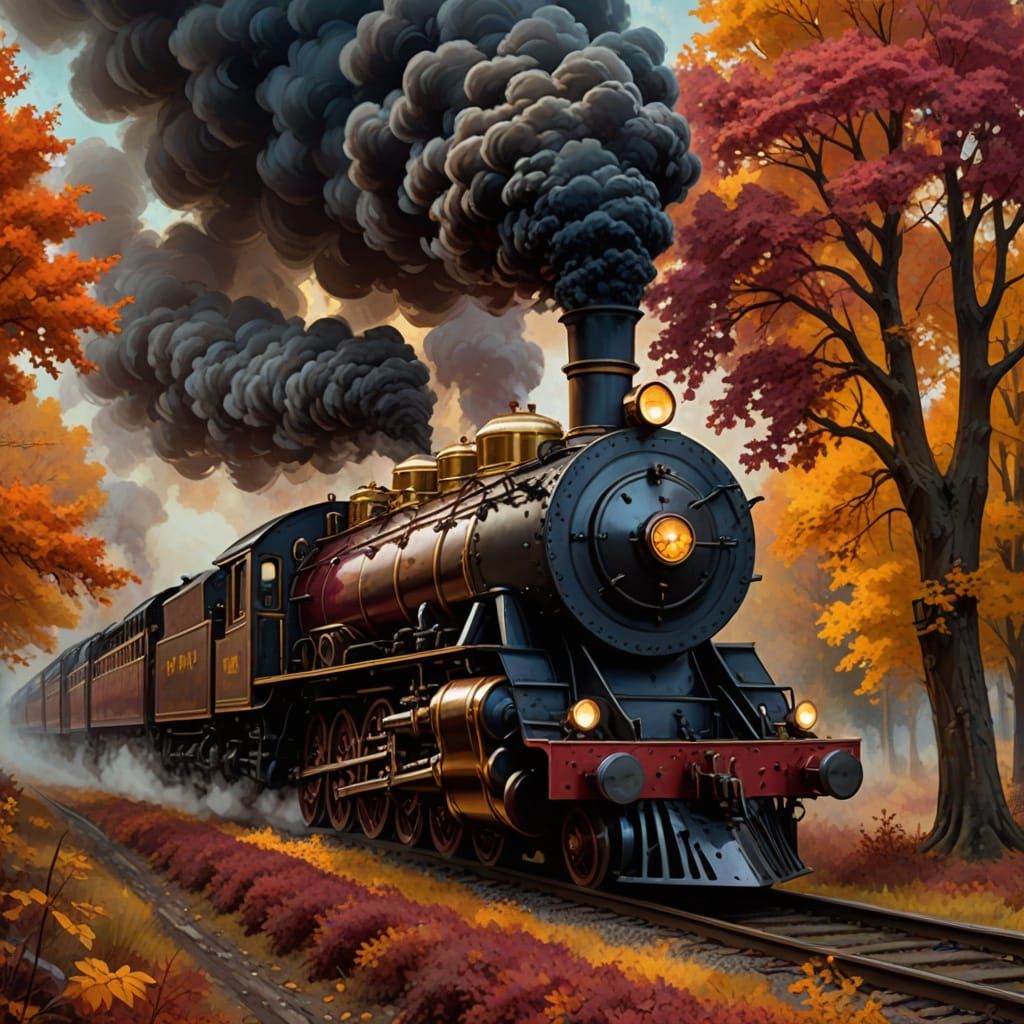 Majestic Steam Train in Fantastical Autumn Landscape