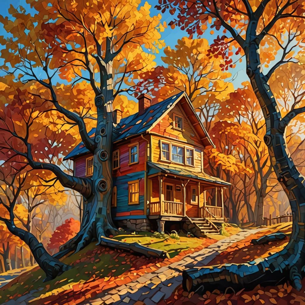 Colorful Treehouse in Autumn, Impasto Painting