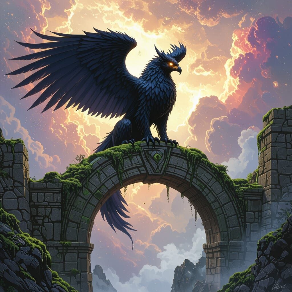Griffin Perched Above Nebula in Epic Fantasy Art