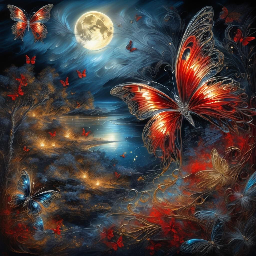 Ethereal Moonlight Butterfly Landscape in Surreal Style