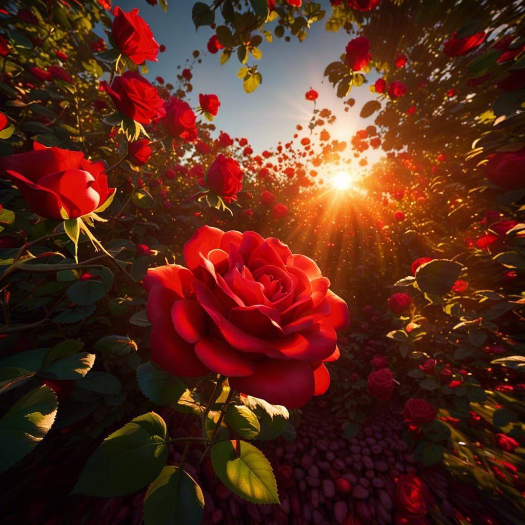 Mystical Sunrise Illuminates Red Roses in Full Bloom