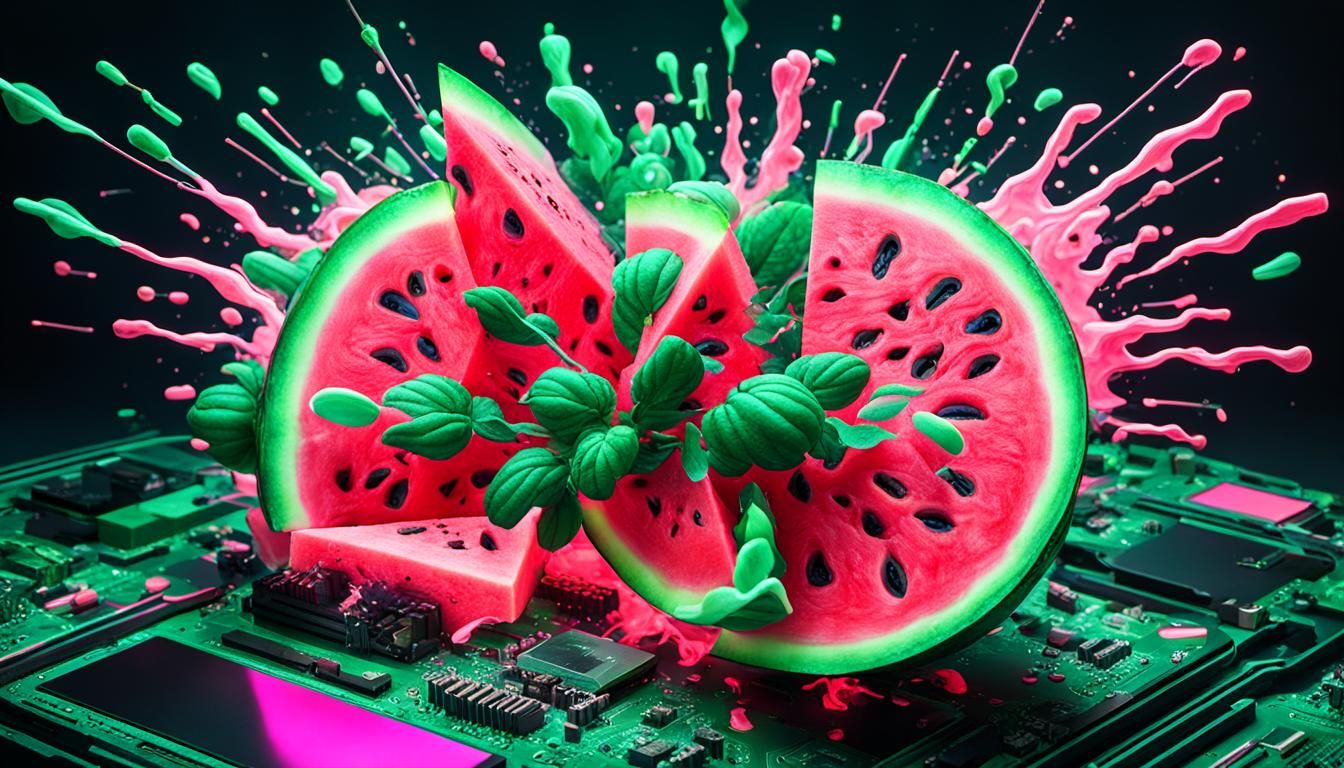 Neon Organic Watermelon Motherboard Explosion