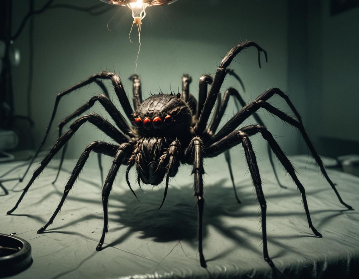Surreal Horror: Spider and Fly in Dark Room