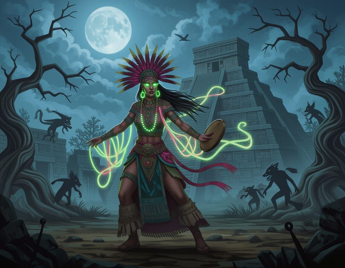 Spectral Shaman in Aztec Ruins with Spirit Animals