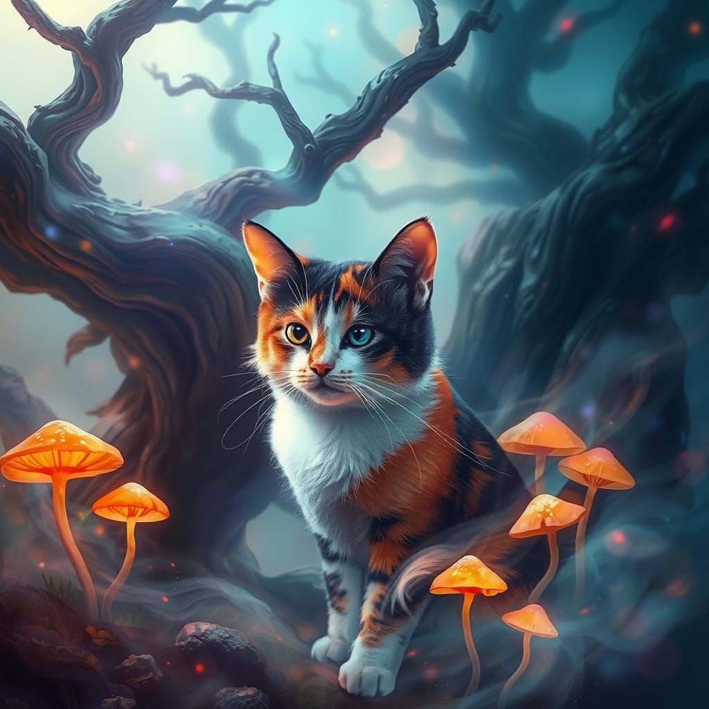 Dreamlike Calico Cat in Vibrant, Ethereal Landscape