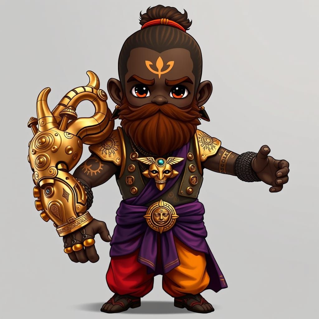 Mystical Chibi Warrior in Rich, Dark Skin Tone with Golden A...