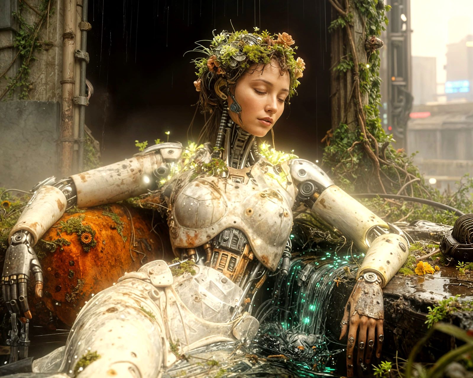 Giant Android Rests in Overgrown Cyberpunk Ruins
