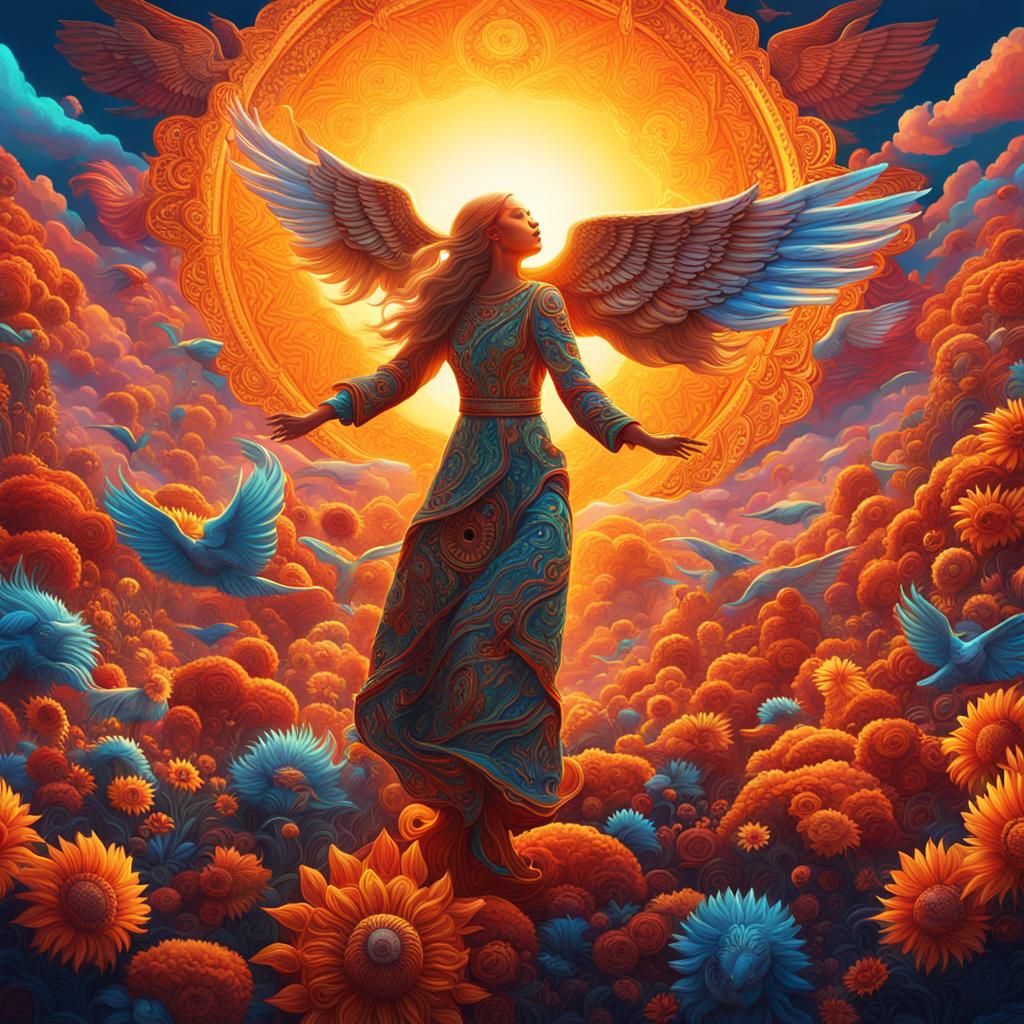 Psychedelic Women Touching God in Vibrant Colors