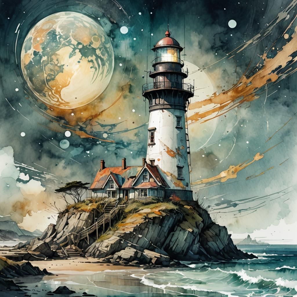 Lighthouse on Saturn in Digital Watercolor