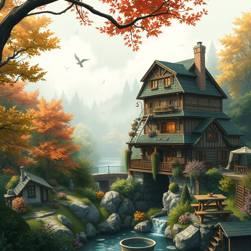 Whimsical Water Mill Coffee House in Vibrant Anime Style