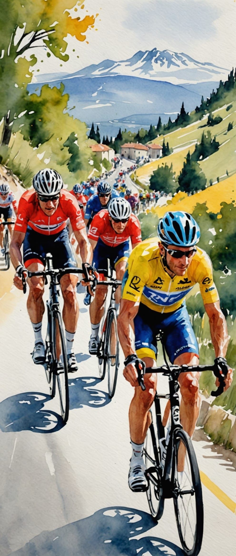 Tour de France Cyclists in Watercolour Style