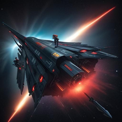 Dramatic Spaceship Fires Missiles in Swirling Space