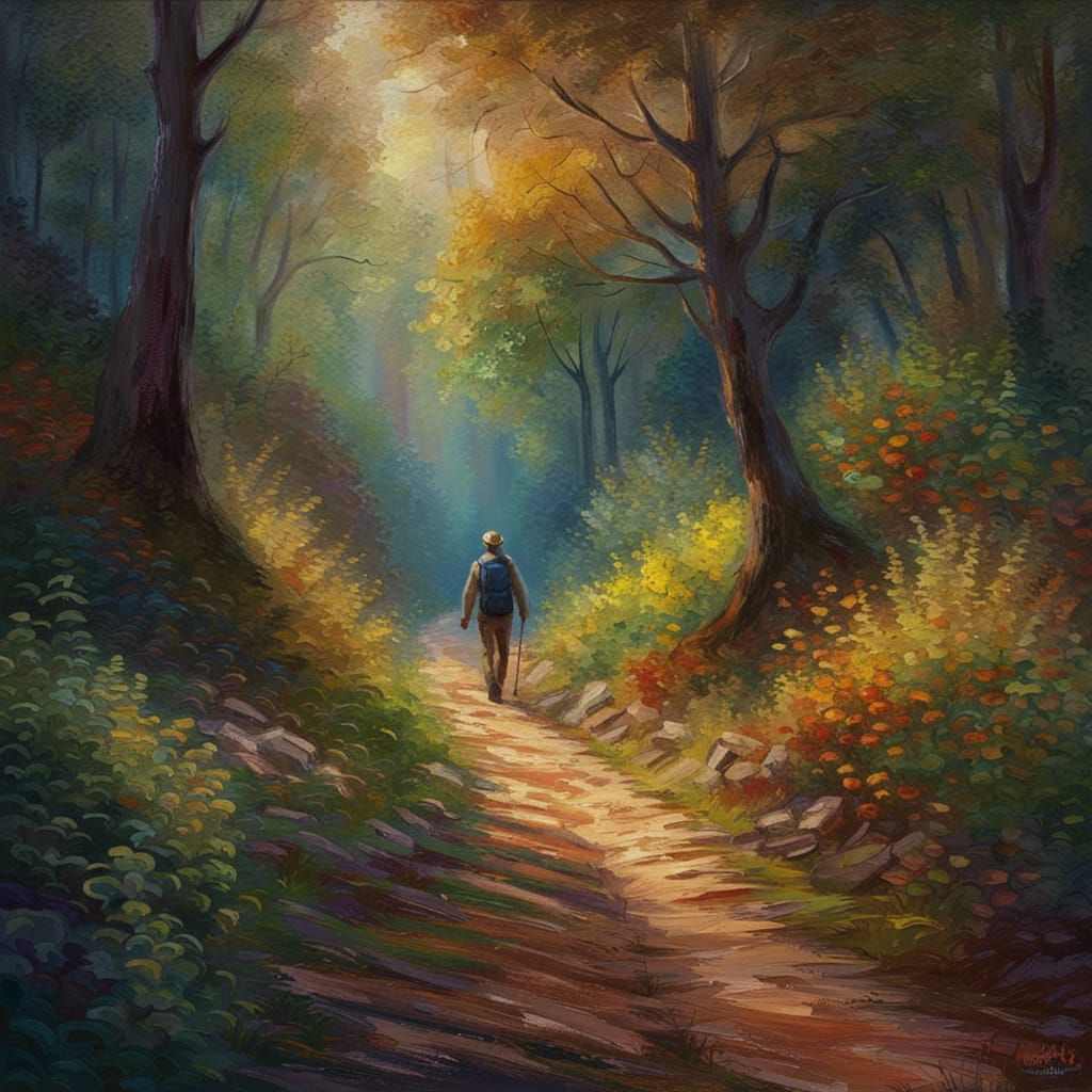 Man Walks Forest Trail in Impressionist Oil Painting