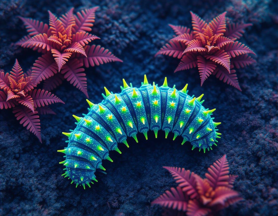 Alien Caterpillar in Bioluminescent Forest, Retro Sci-Fi Art...