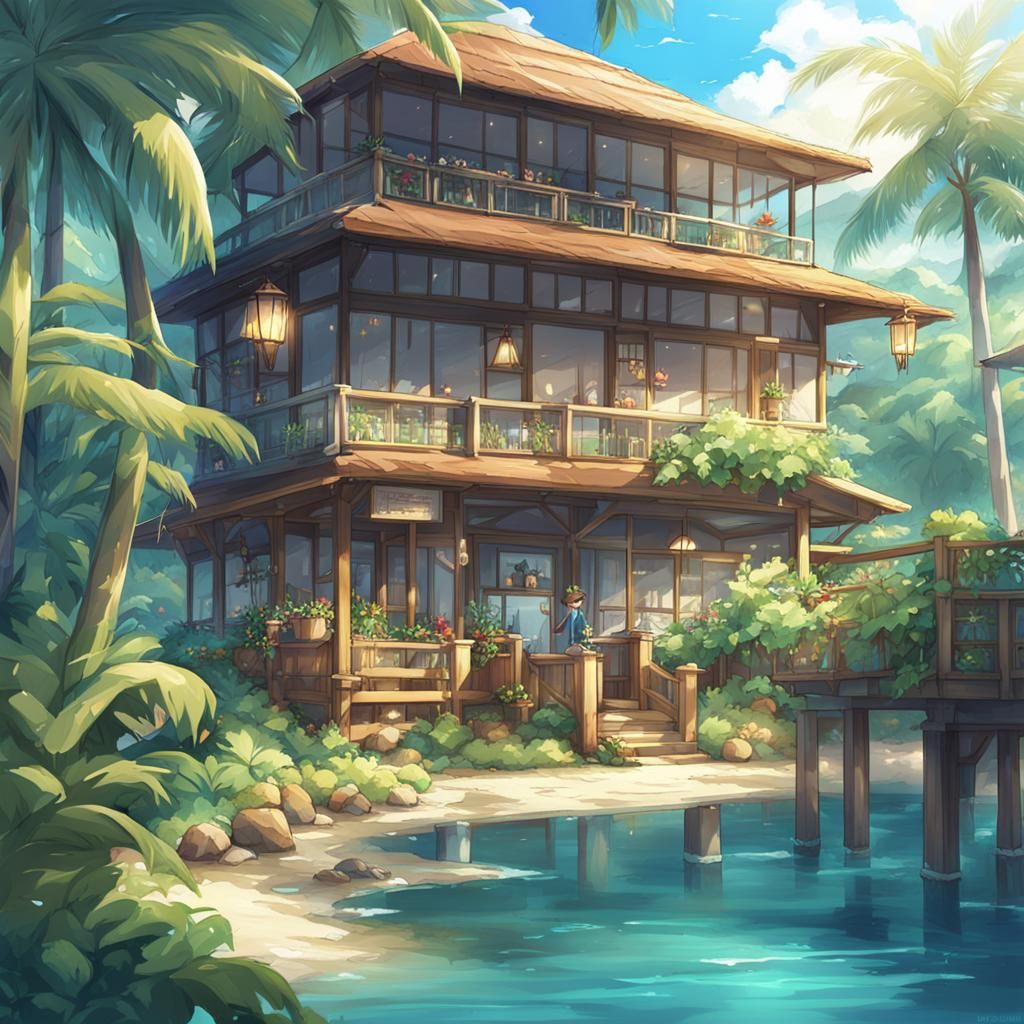 Tropical Oceanside Resort in Anime Style