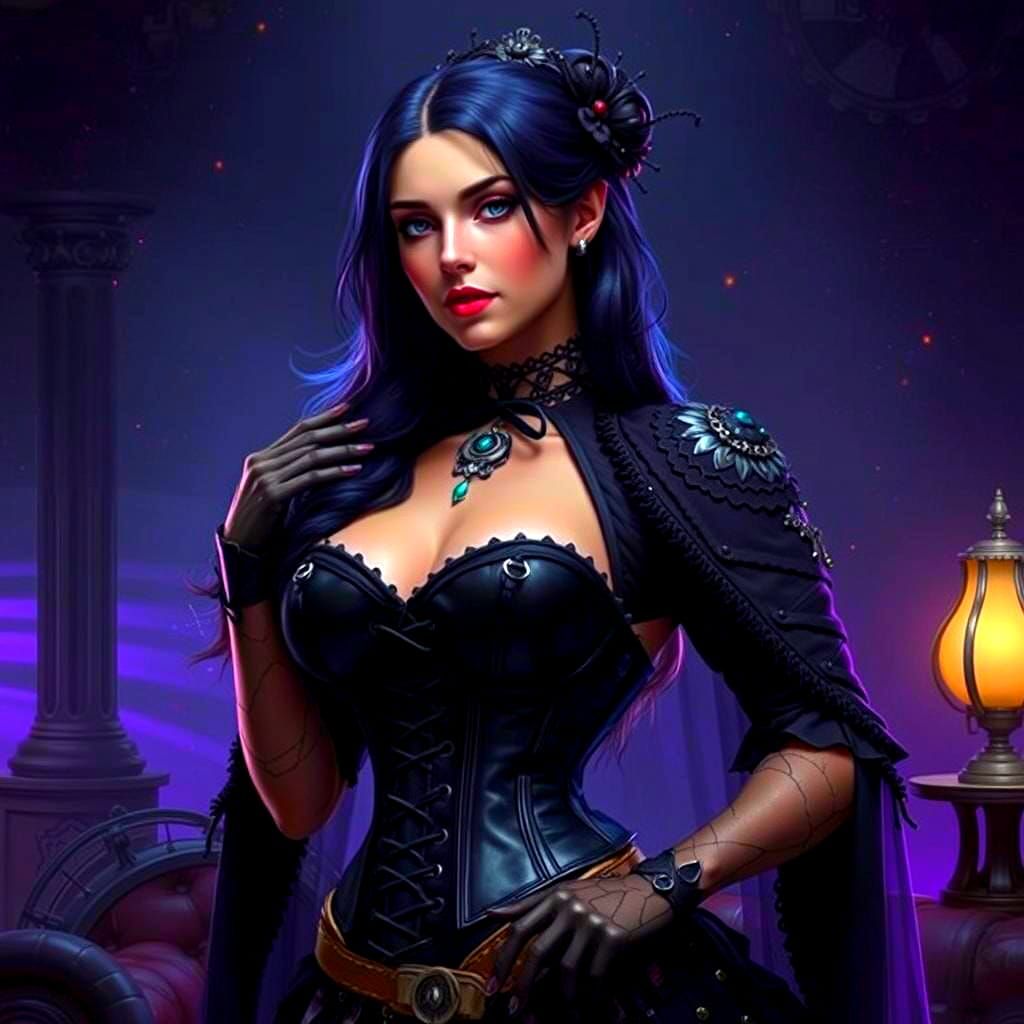 Gothic Steampunk Woman in Neon Lit Room
