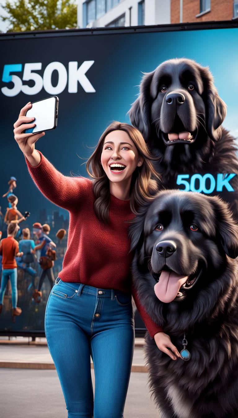 Woman and Newfoundland Dog Selfie with 50K Billboard