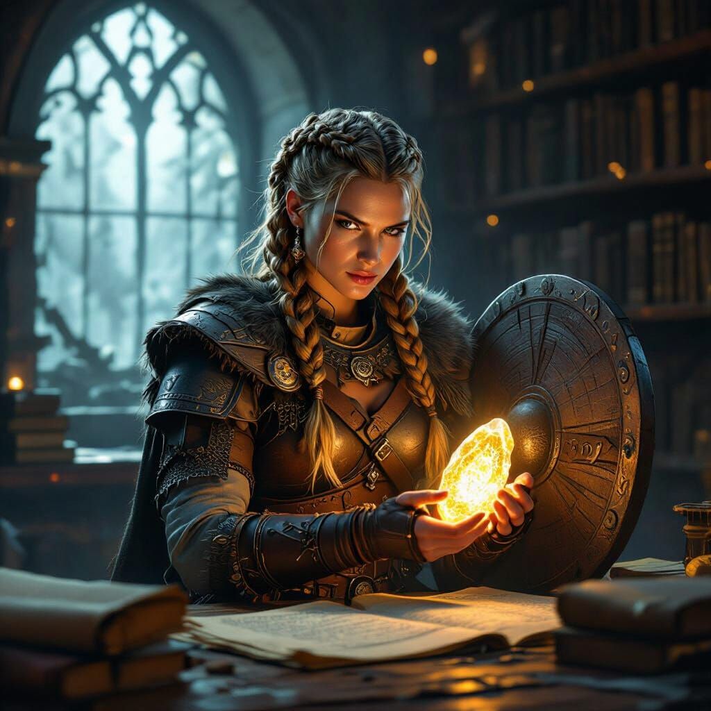 Viking Shield Maiden in Ancient Library, Holding Runestone
