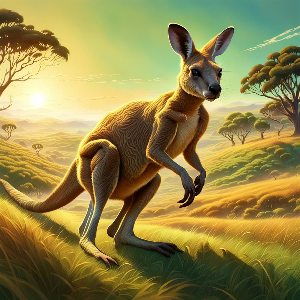 Kangaroo Bouncing Through a Golden Landscape
