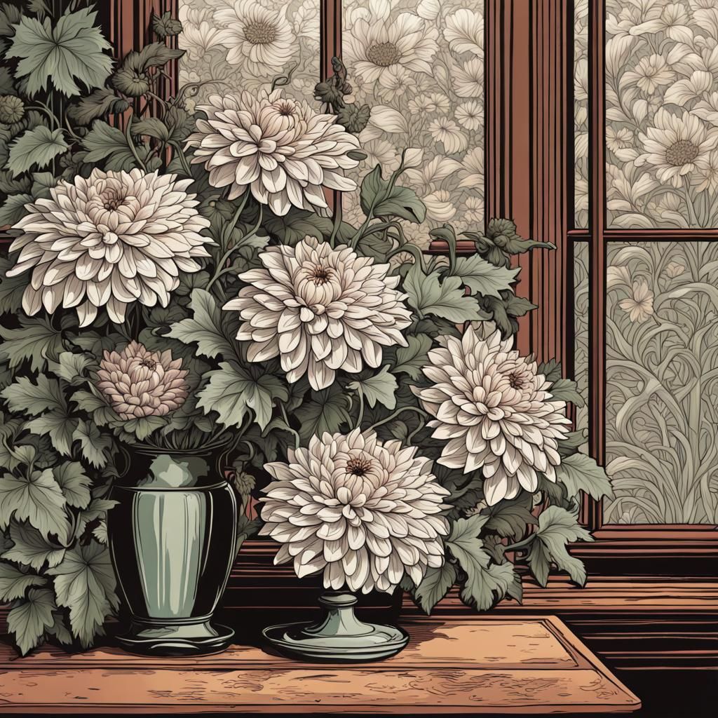 Dahlia Bouquet Still Life with Art Nouveau Wallpaper