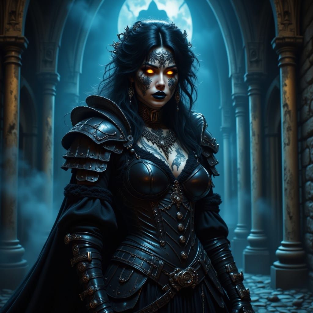 Gothic Warrior in Moonlit Ruin, Hyperdetailed Inkwork