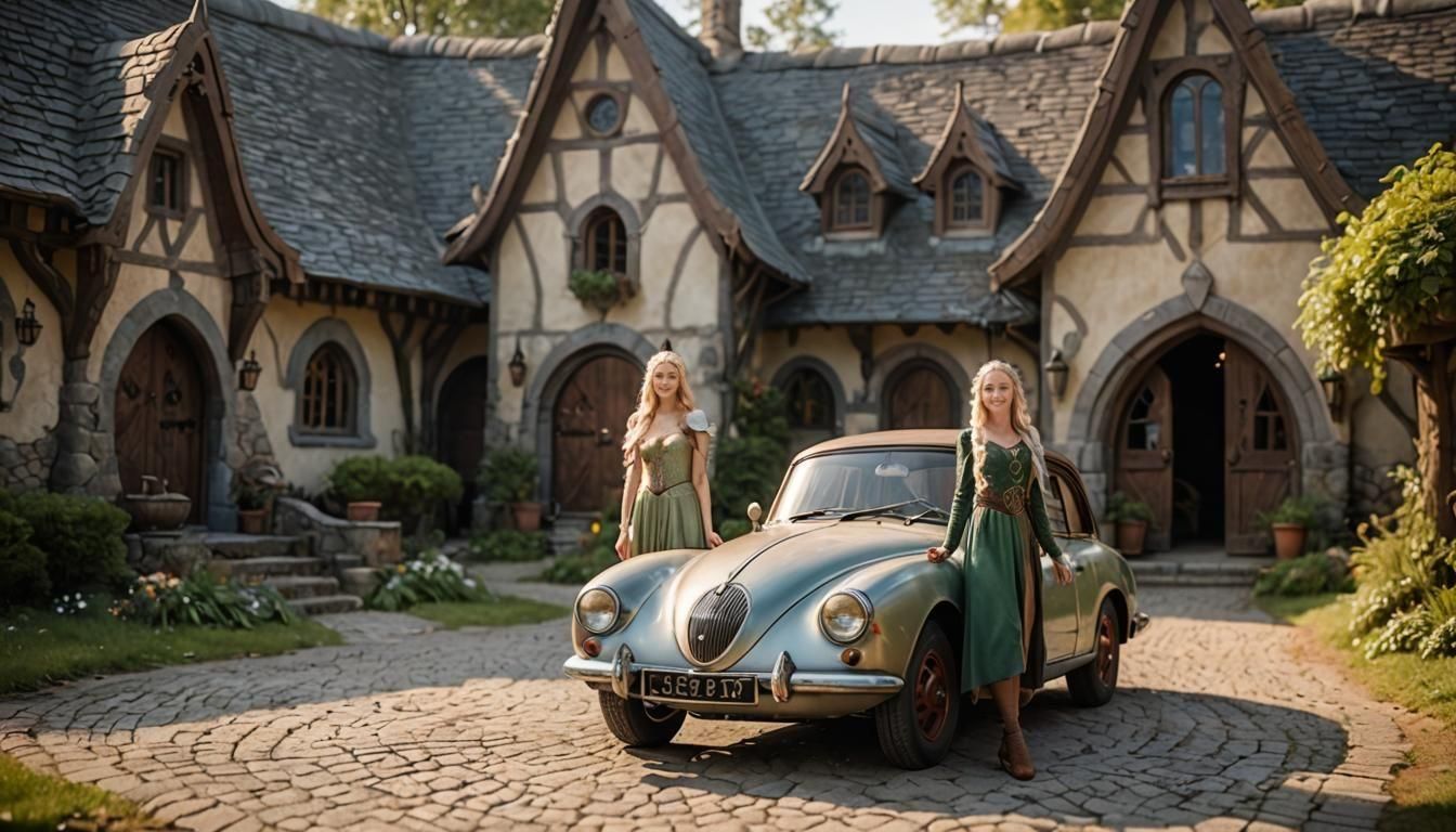 Elven Princess and Antique Car in Enchanted Setting