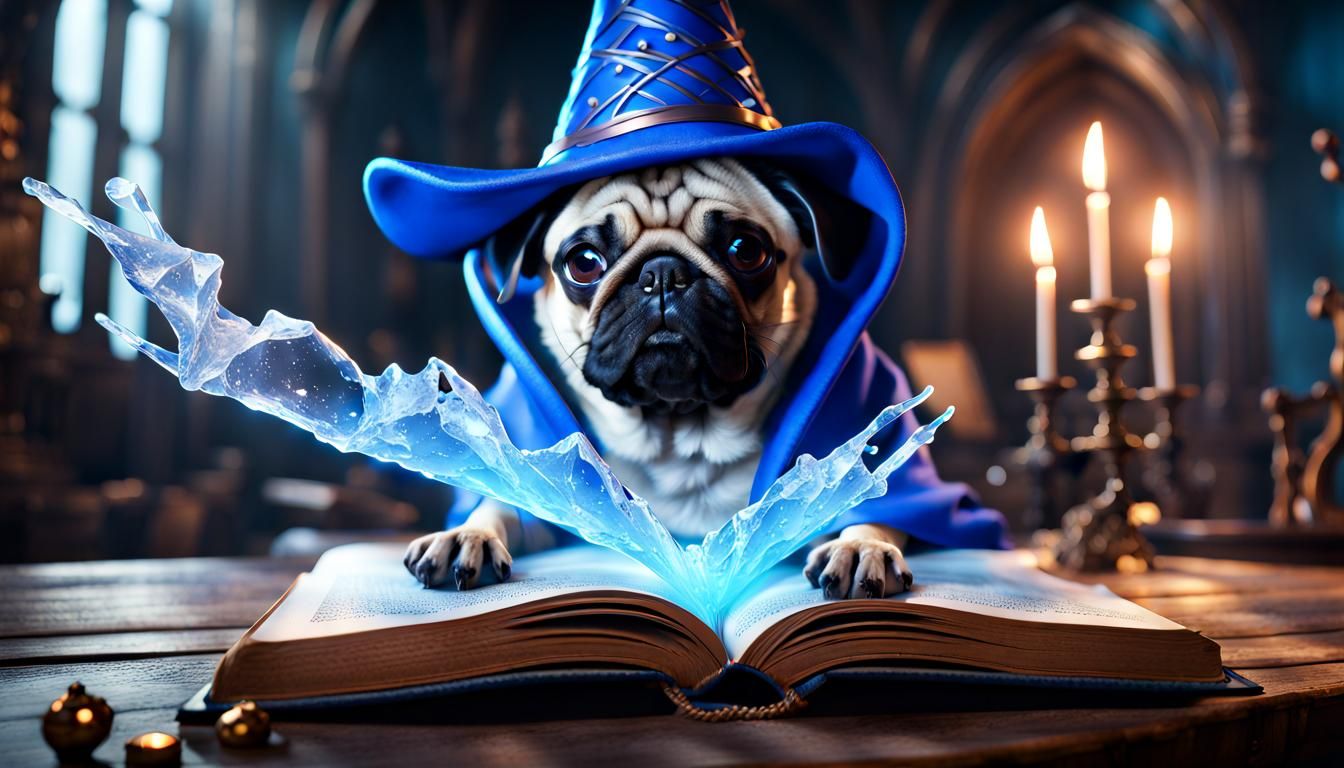 Pug Wizard Studying Ice Spells: Fantasy Concept Art