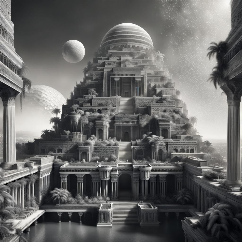 Gray and white, line art, Hanging Gardens of Babylon, Epic c...