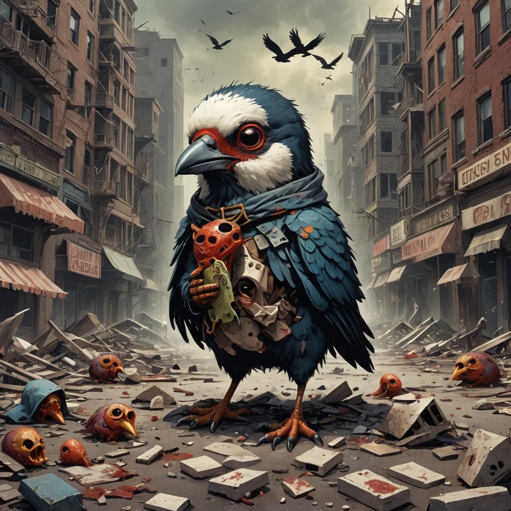 Sinister Cute Bird in Apocalyptic City